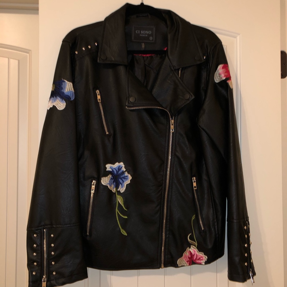 Faux leather embroidered jacket with studs